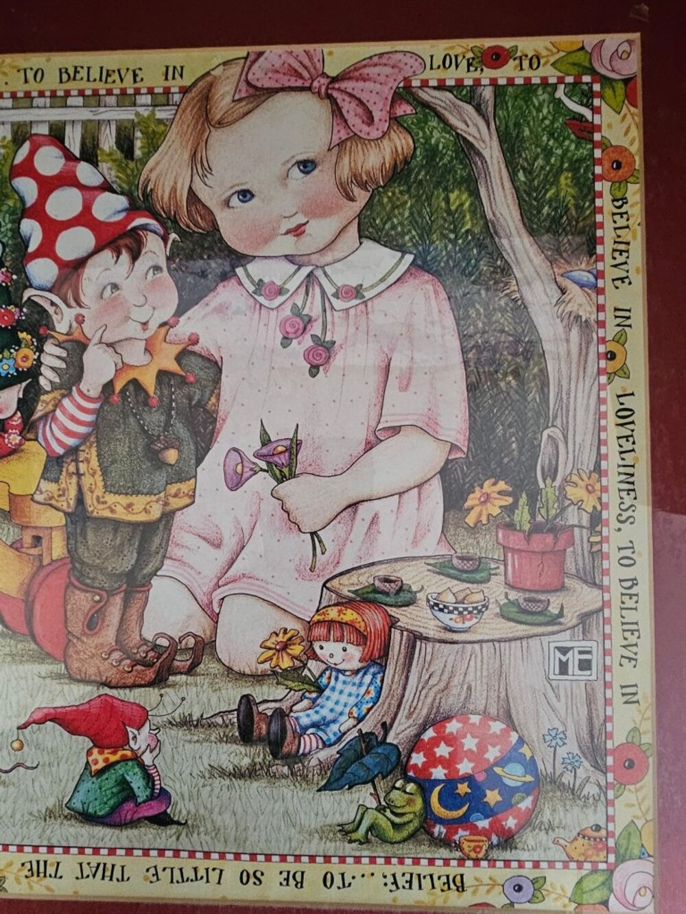 Vintage Mary Engelbreit Art Print Matted 16x16" To Believe in Love Elves Gnomes - Picture 8 of 9